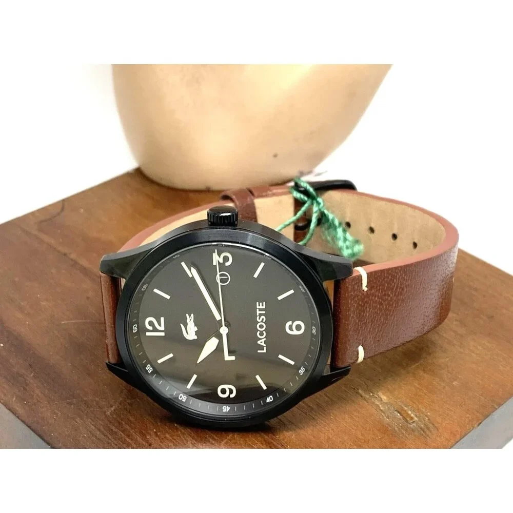 Lacoste Men's Watch 2011106 Traveler Quartz Black Dial Brown Leather Band 43mm